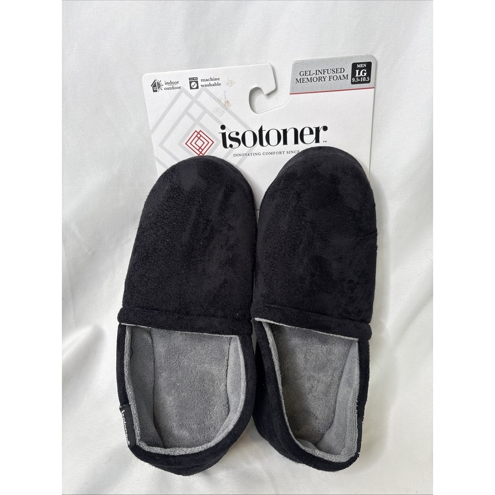 Isotoner Mens Black Slippers Large 9.5-10.5 Gel Infused Memory Foam Comfort Home